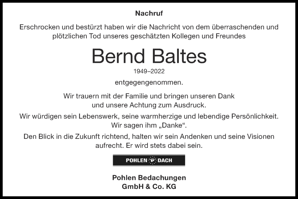  Traueranzeige für Bernd Baltes vom 03.07.2022 aus Zeitung am Sonntag