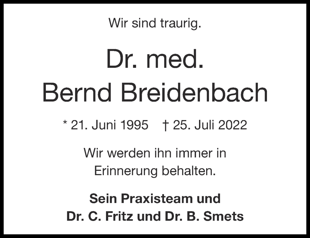  Traueranzeige für Bernd Breidenbach vom 09.07.2022 aus Aachener Zeitung / Aachener Nachrichten