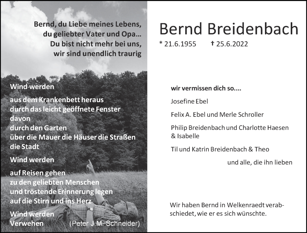  Traueranzeige für Bernd Breidenbach vom 09.07.2022 aus Aachener Zeitung / Aachener Nachrichten