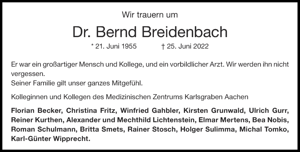  Traueranzeige für Bernd Breidenbach vom 09.07.2022 aus Aachener Zeitung / Aachener Nachrichten