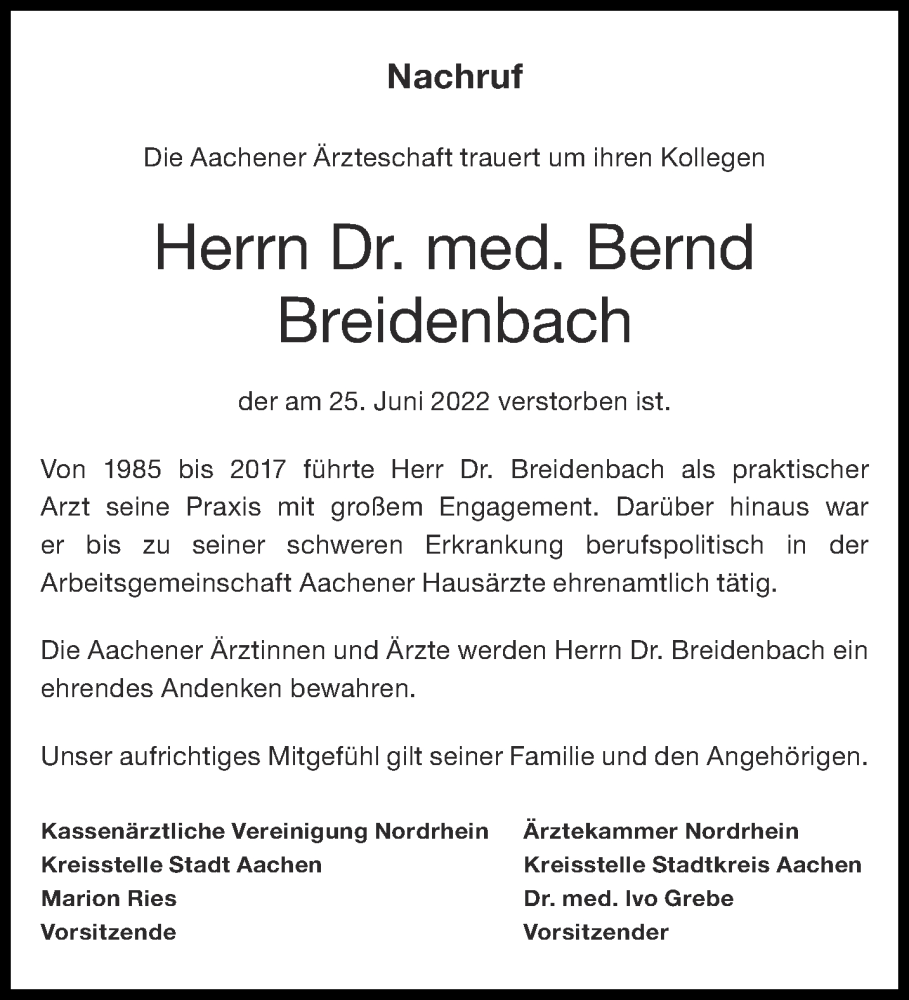  Traueranzeige für Bernd Breidenbach vom 23.07.2022 aus Aachener Zeitung / Aachener Nachrichten