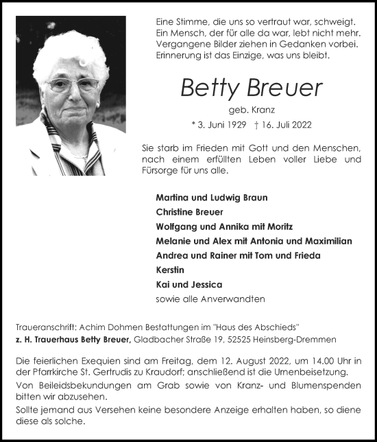 Traueranzeige von Betty Breuer von Zeitung am Sonntag