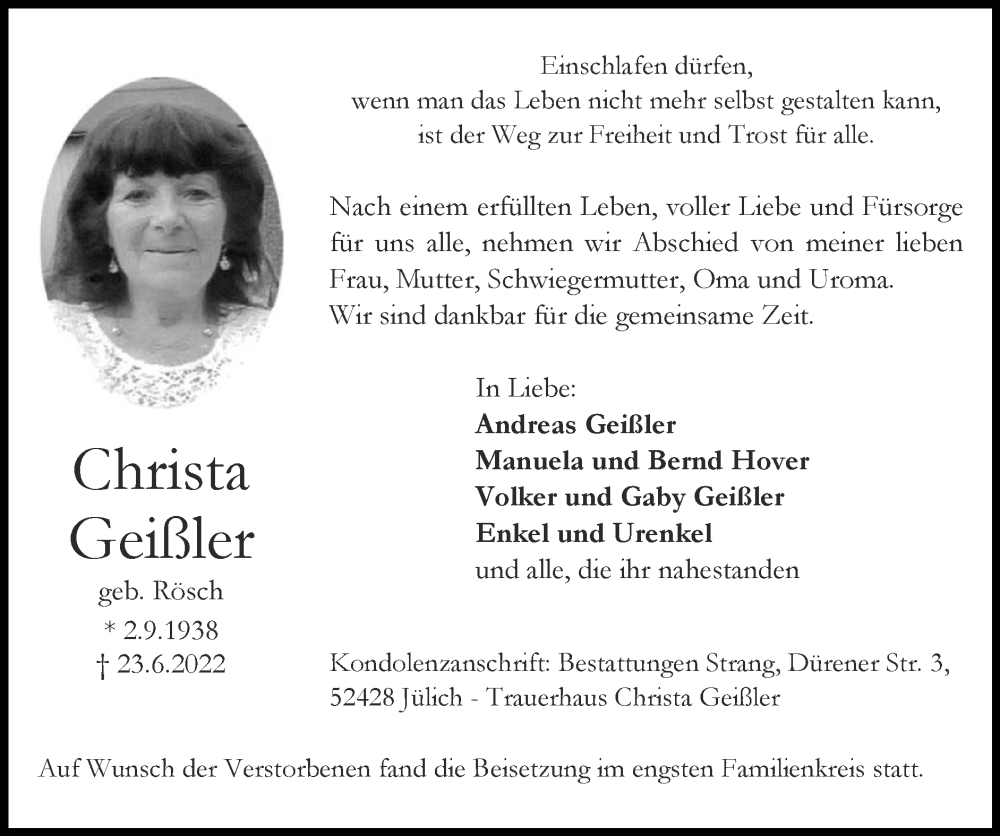Traueranzeigen von Christa Geißler | Aachen gedenkt