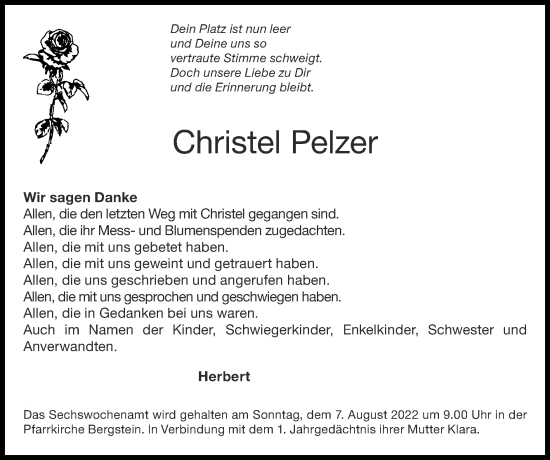 Traueranzeige von Christel Pelzer von Zeitung am Sonntag