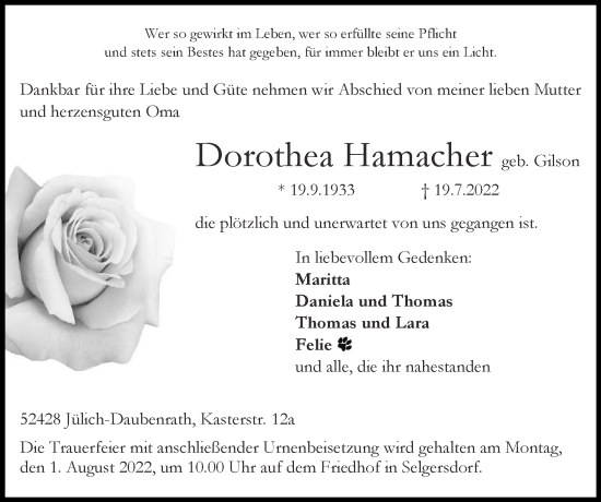Traueranzeige von Dorothea Hamacher von Zeitung am Sonntag