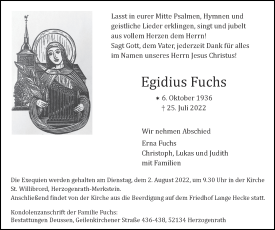Traueranzeige von Egidius Fuchs von Zeitung am Sonntag