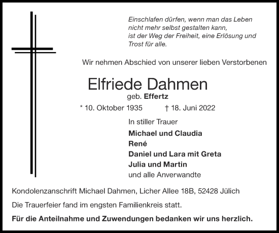 Traueranzeige von Elfriede Dahmen von Zeitung am Sonntag