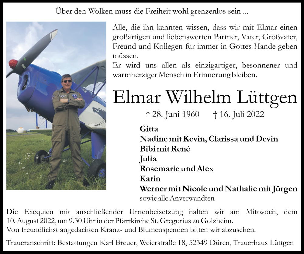  Traueranzeige für Elmar Wilhelm Lüttgen vom 31.07.2022 aus Zeitung am Sonntag