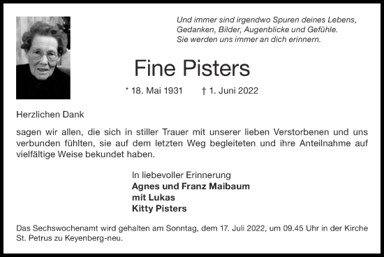 Traueranzeige von Fine Pisters von Zeitung am Sonntag