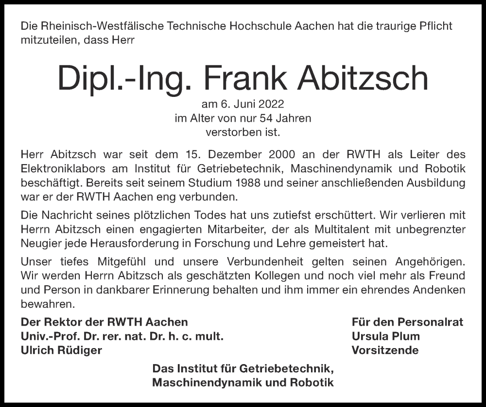  Traueranzeige für Frank Abitzsch vom 10.07.2022 aus Zeitung am Sonntag