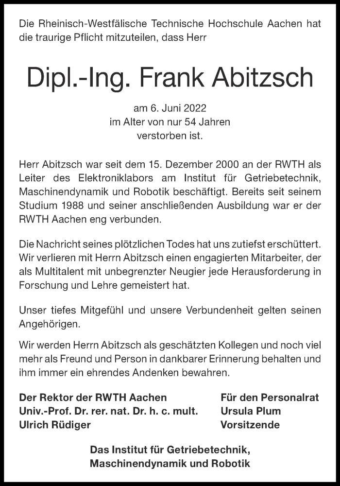  Traueranzeige für Frank Abitzsch vom 09.07.2022 aus Aachener Zeitung / Aachener Nachrichten