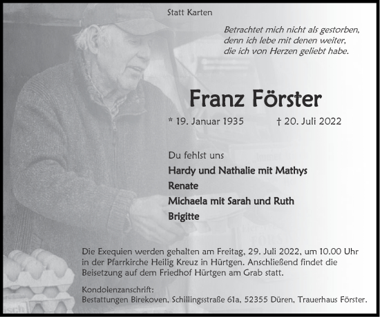 Traueranzeige von Franz Förster von Zeitung am Sonntag