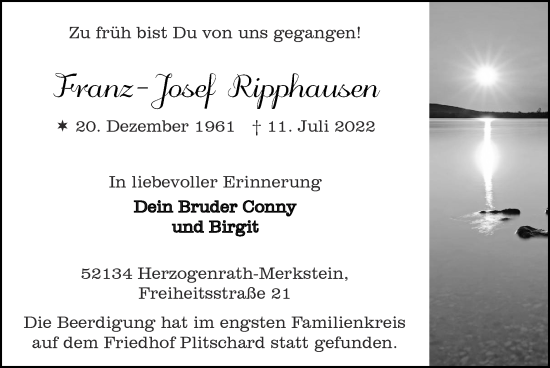 Traueranzeige von Franz-Josef Ripphausen von Zeitung am Sonntag