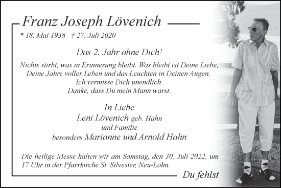 Traueranzeige von Franz Joseph Lövenich von Zeitung am Sonntag