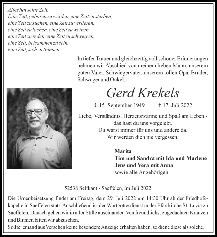  Traueranzeige für Gerd Krekels vom 24.07.2022 aus Zeitung am Sonntag