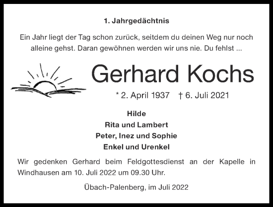 Traueranzeige von Gerhard Kochs von Zeitung am Sonntag