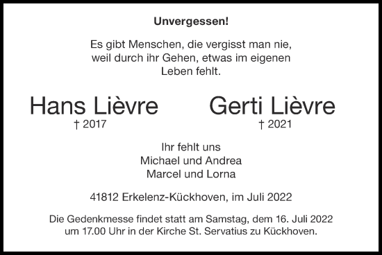 Traueranzeige von Gerti Lièvre von Zeitung am Sonntag