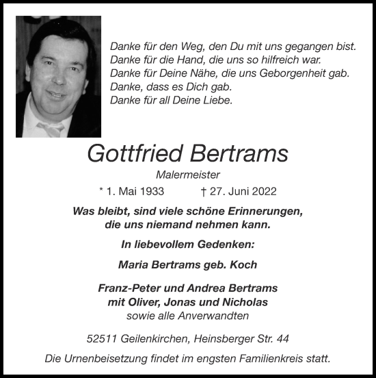 Traueranzeige von Gottfried Bertrams von Zeitung am Sonntag