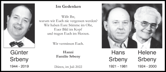 Traueranzeige von Günter Srbeny von Zeitung am Sonntag