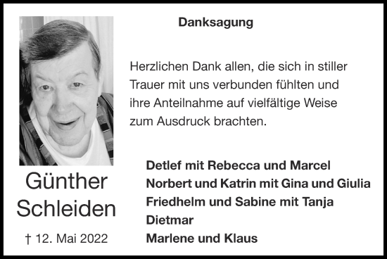 Traueranzeige von Günther Schleiden von Zeitung am Sonntag