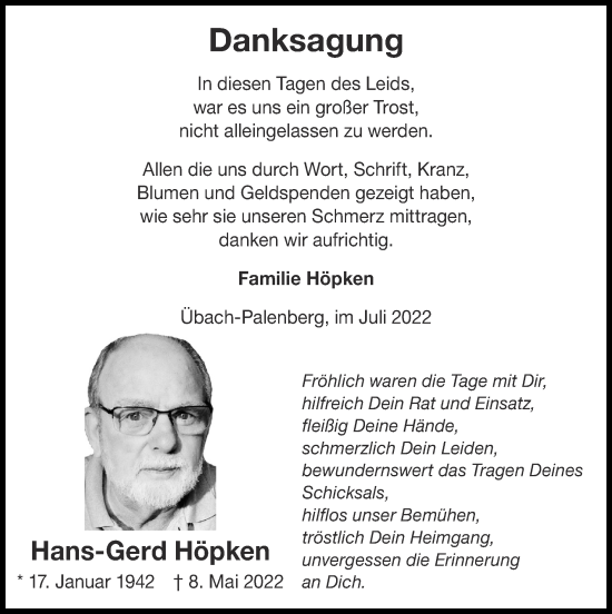 Traueranzeige von Hans-Gerd Höpken von Zeitung am Sonntag