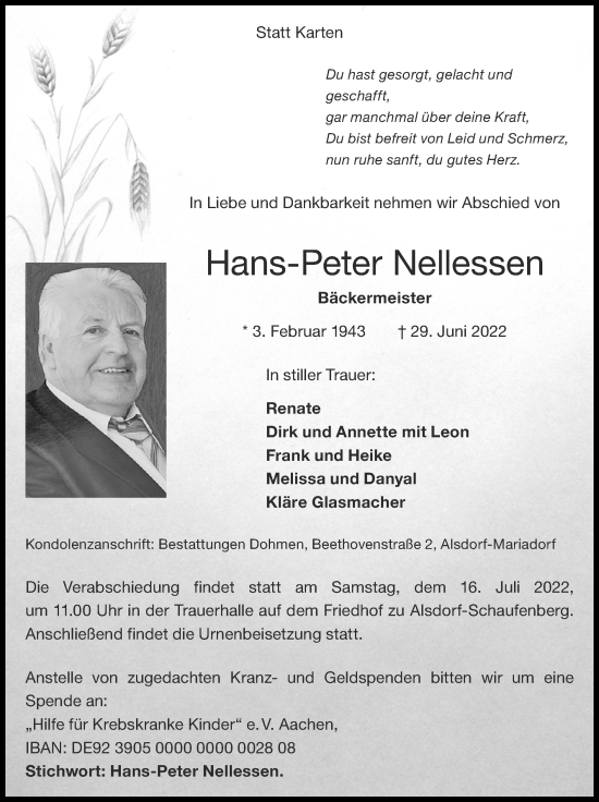 Traueranzeige von Hans-Peter Nellessen von Zeitung am Sonntag