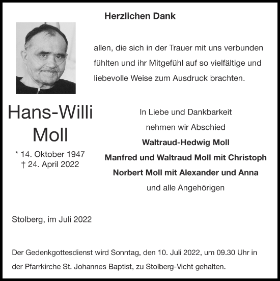 Traueranzeige von Hans-Willi Moll von Zeitung am Sonntag