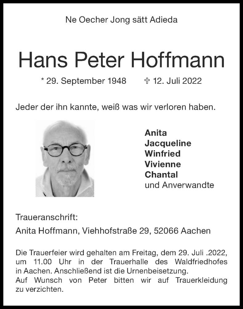  Traueranzeige für Hans Peter Hoffmann vom 24.07.2022 aus Zeitung am Sonntag