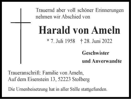 Traueranzeige von Harald von Ameln von Zeitung am Sonntag
