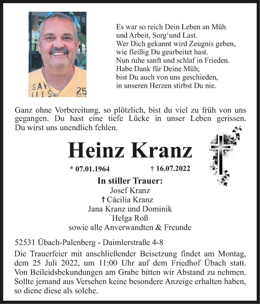  Traueranzeige für Heinz Kranz vom 24.07.2022 aus Zeitung am Sonntag