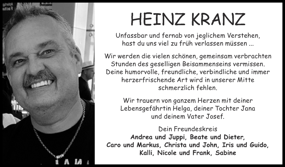  Traueranzeige für Heinz Kranz vom 24.07.2022 aus Zeitung am Sonntag
