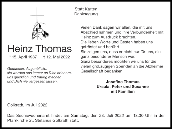 Traueranzeige von Heinz Thomas von Zeitung am Sonntag