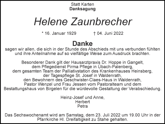 Traueranzeige von Helene Zaunbrecher von Zeitung am Sonntag