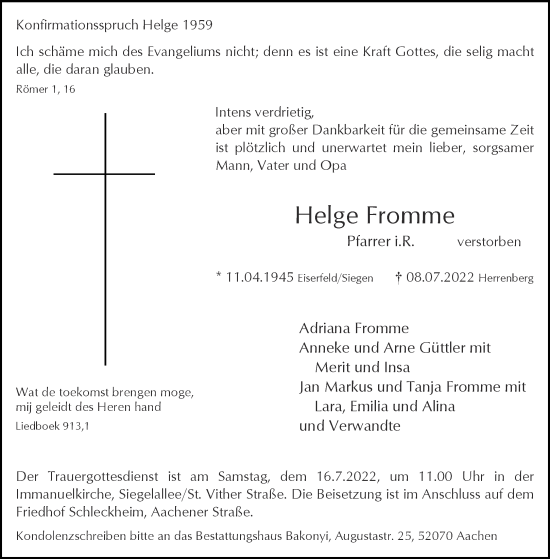 Traueranzeige von Helge Fromme von Aachener Zeitung / Aachener Nachrichten