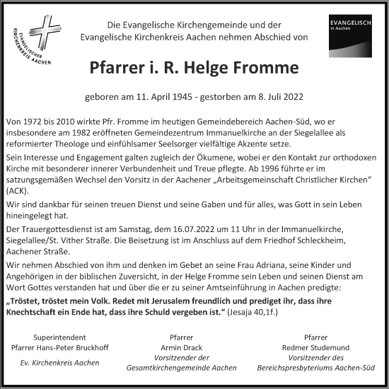 Traueranzeige von Helge Fromme von Aachener Zeitung / Aachener Nachrichten