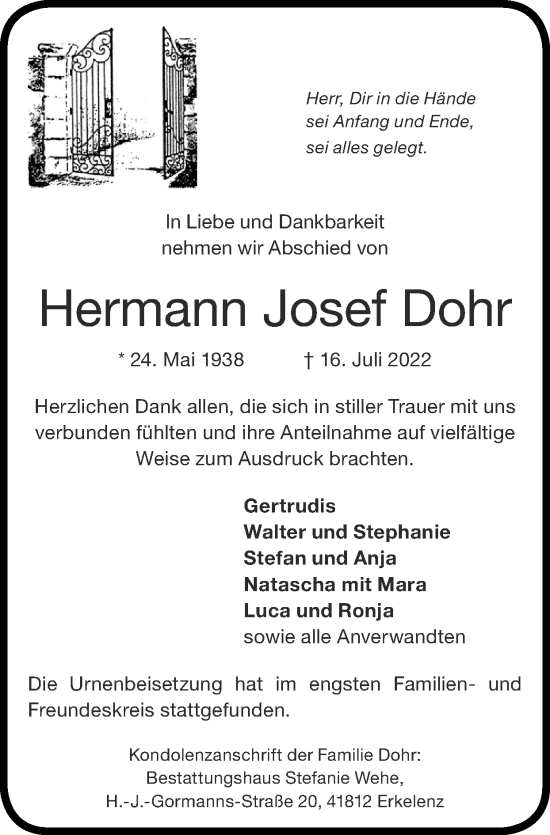 Traueranzeige von Hermann Josef Dohr von Zeitung am Sonntag