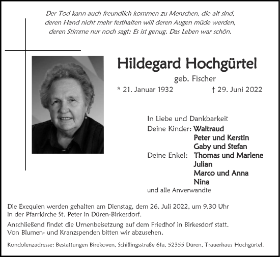 Traueranzeige von Hildegard Hochgürtel von Zeitung am Sonntag