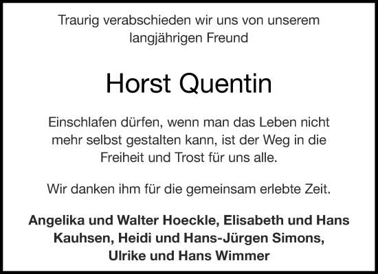 Traueranzeige von Horst Quentin von Aachener Zeitung / Aachener Nachrichten