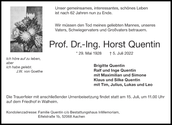 Traueranzeige von Horst Quentin von Aachener Zeitung / Aachener Nachrichten