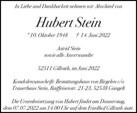 Traueranzeige von Hubert Stein von Zeitung am Sonntag