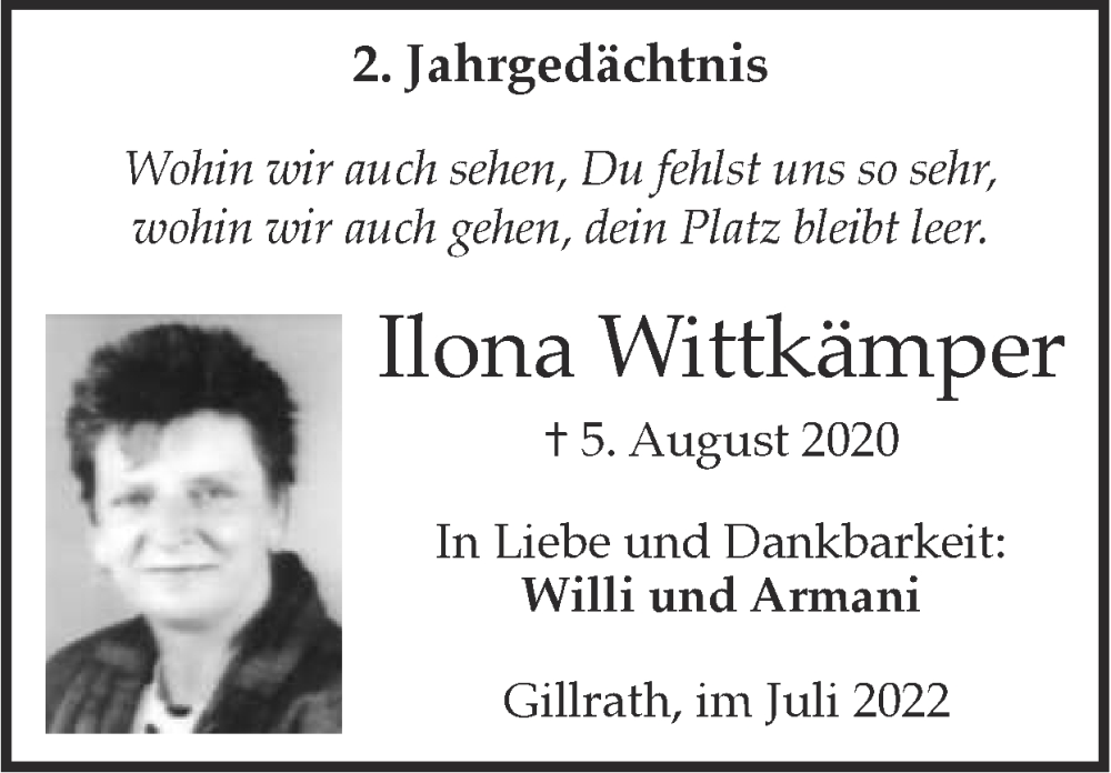 Traueranzeige für Ilona Wittkämper vom 31.07.2022 aus Zeitung am Sonntag