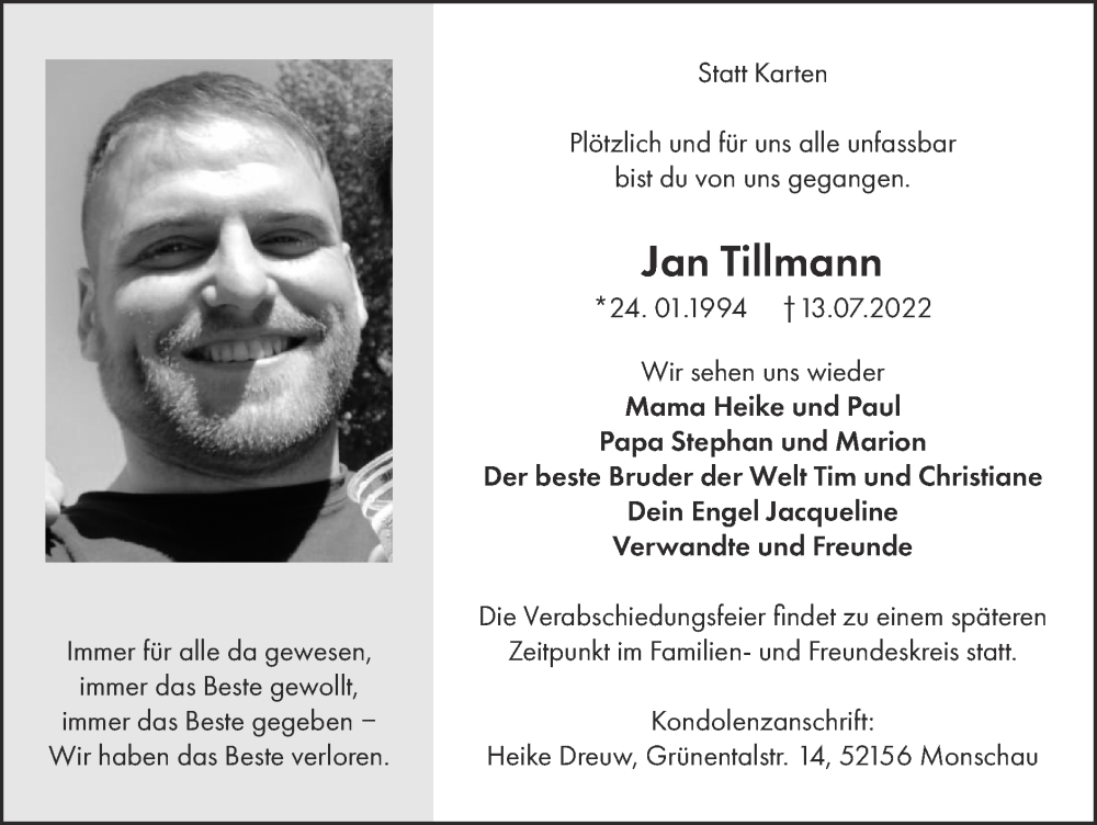  Traueranzeige für Jan Tillmann vom 24.07.2022 aus Zeitung am Sonntag