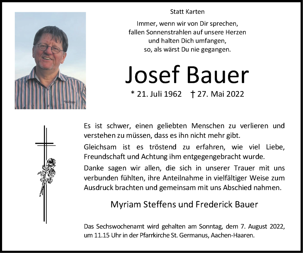  Traueranzeige für Josef Bauer vom 24.07.2022 aus Zeitung am Sonntag