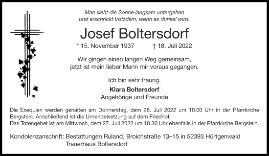 Traueranzeige von Josef Boltersdorf von Aachener Zeitung / Aachener Nachrichten
