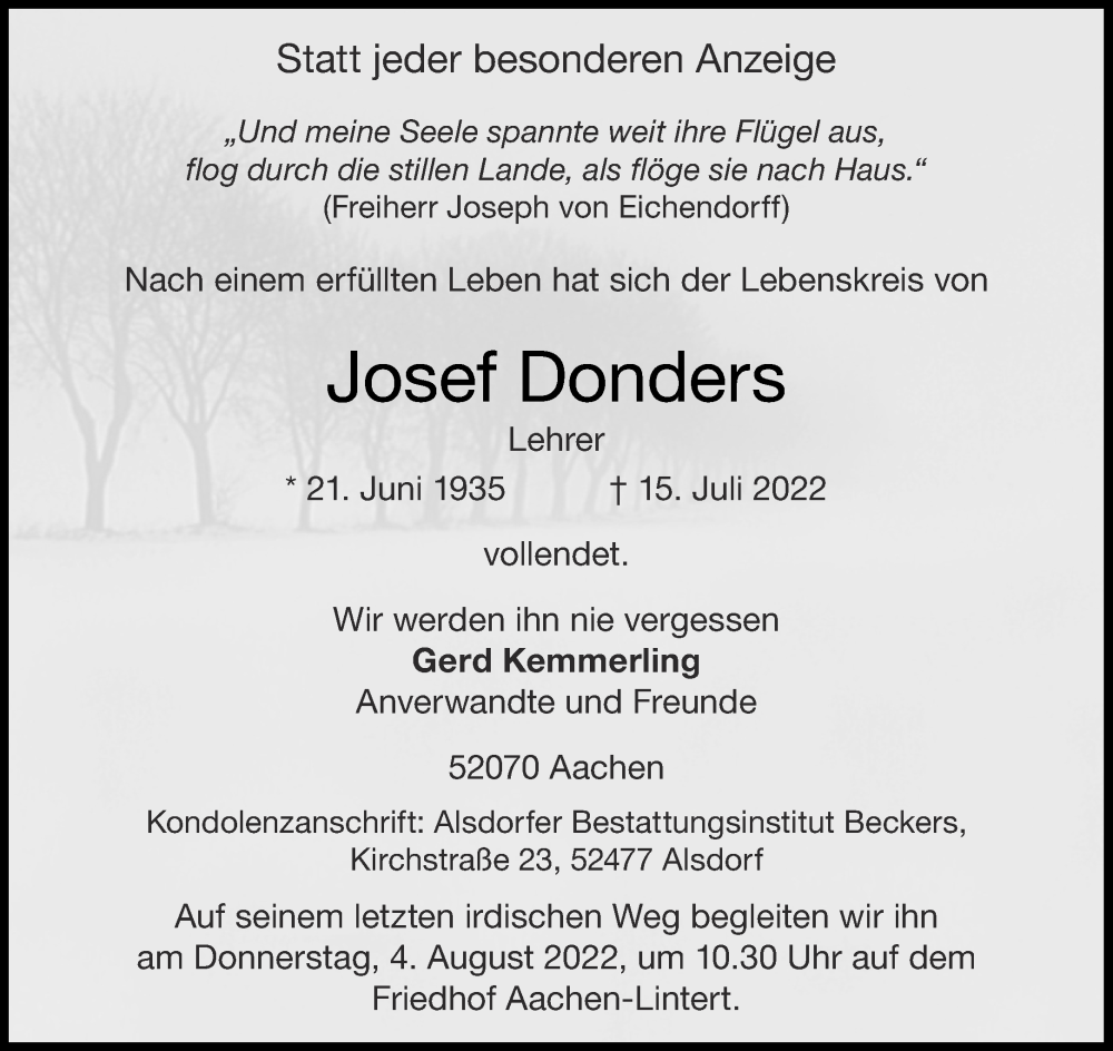  Traueranzeige für Josef Donders vom 30.07.2022 aus Aachener Zeitung / Aachener Nachrichten