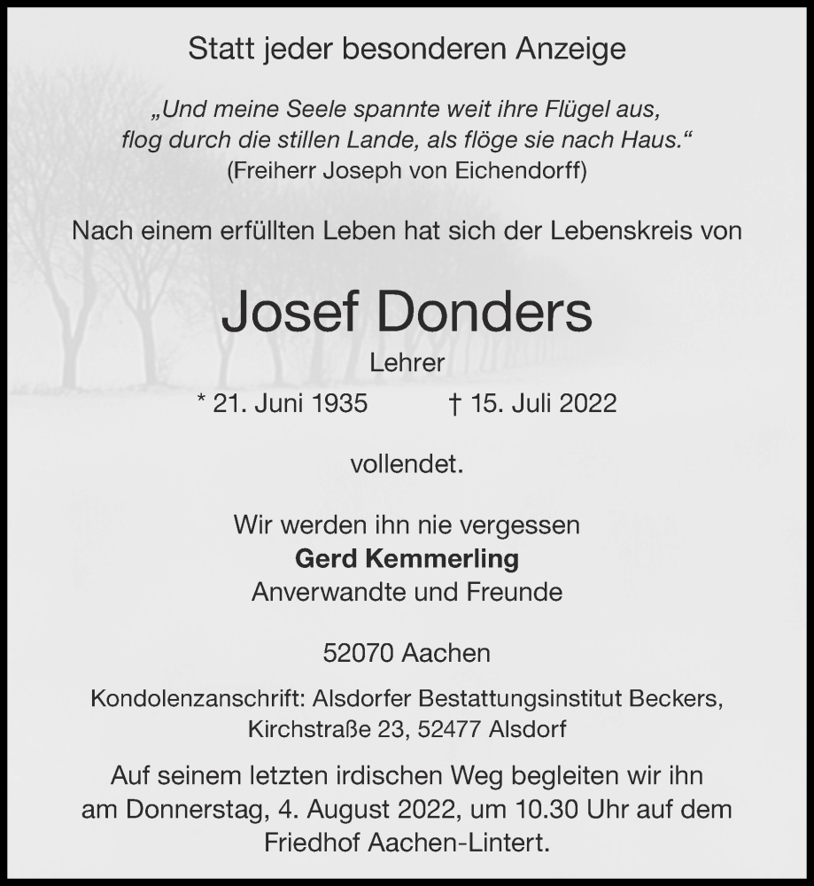  Traueranzeige für Josef Donders vom 31.07.2022 aus Zeitung am Sonntag