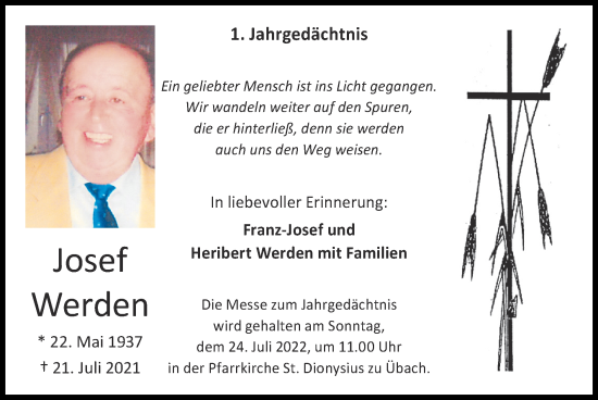 Traueranzeige von Josef Werden von Zeitung am Sonntag