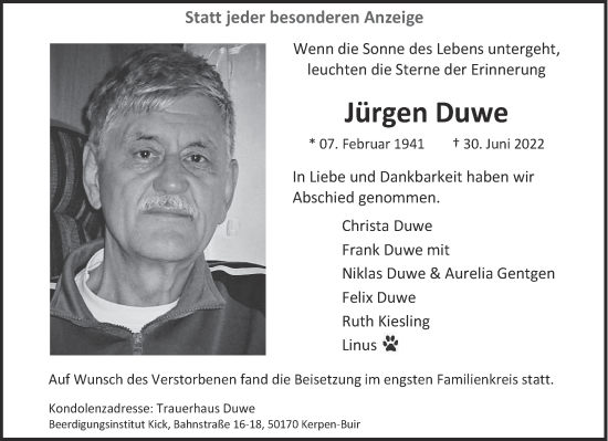 Traueranzeige von Jürgen Duwe von Aachener Zeitung / Aachener Nachrichten