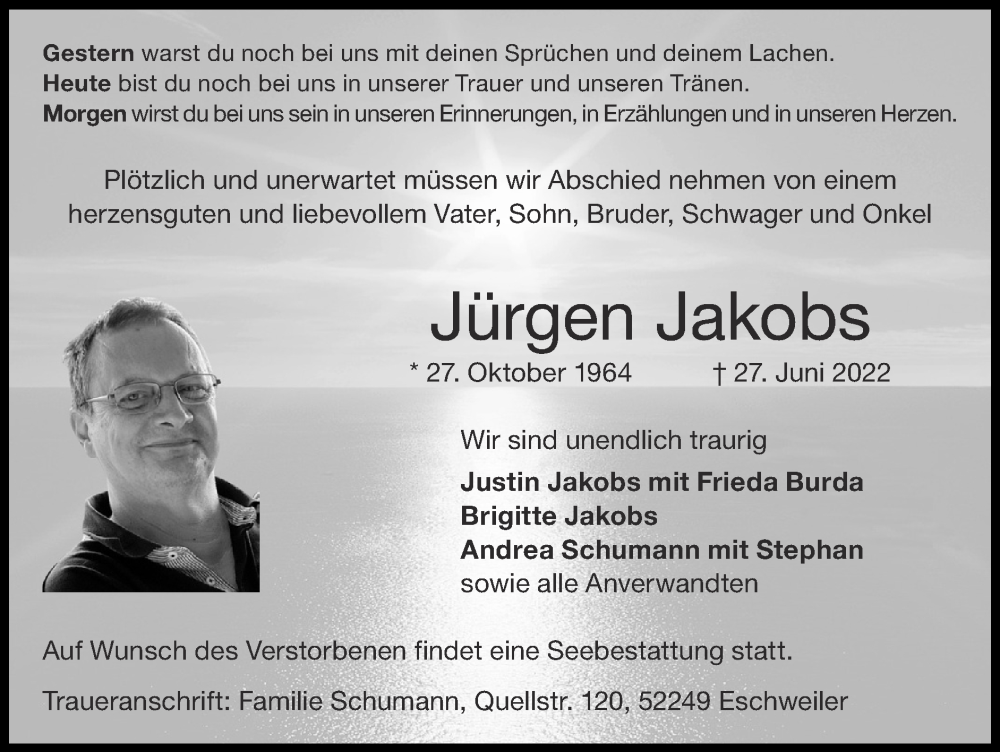  Traueranzeige für Jürgen Jakobs vom 03.07.2022 aus Zeitung am Sonntag