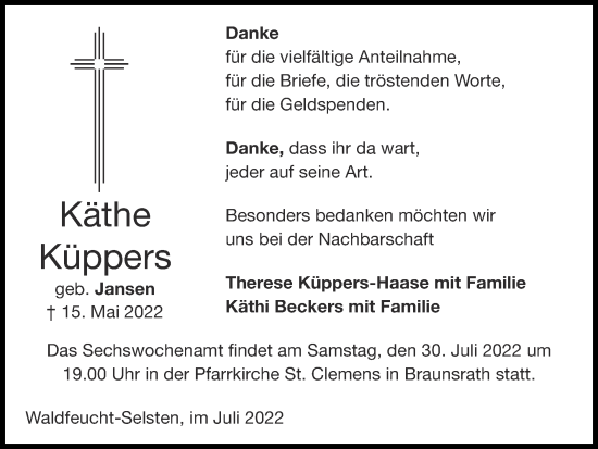 Traueranzeige von Käthe Küppers von Zeitung am Sonntag